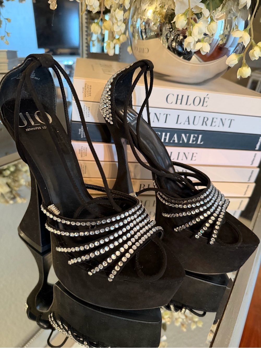 Jennifer Lopez Black Suede Crystal-Strap Platform Heels